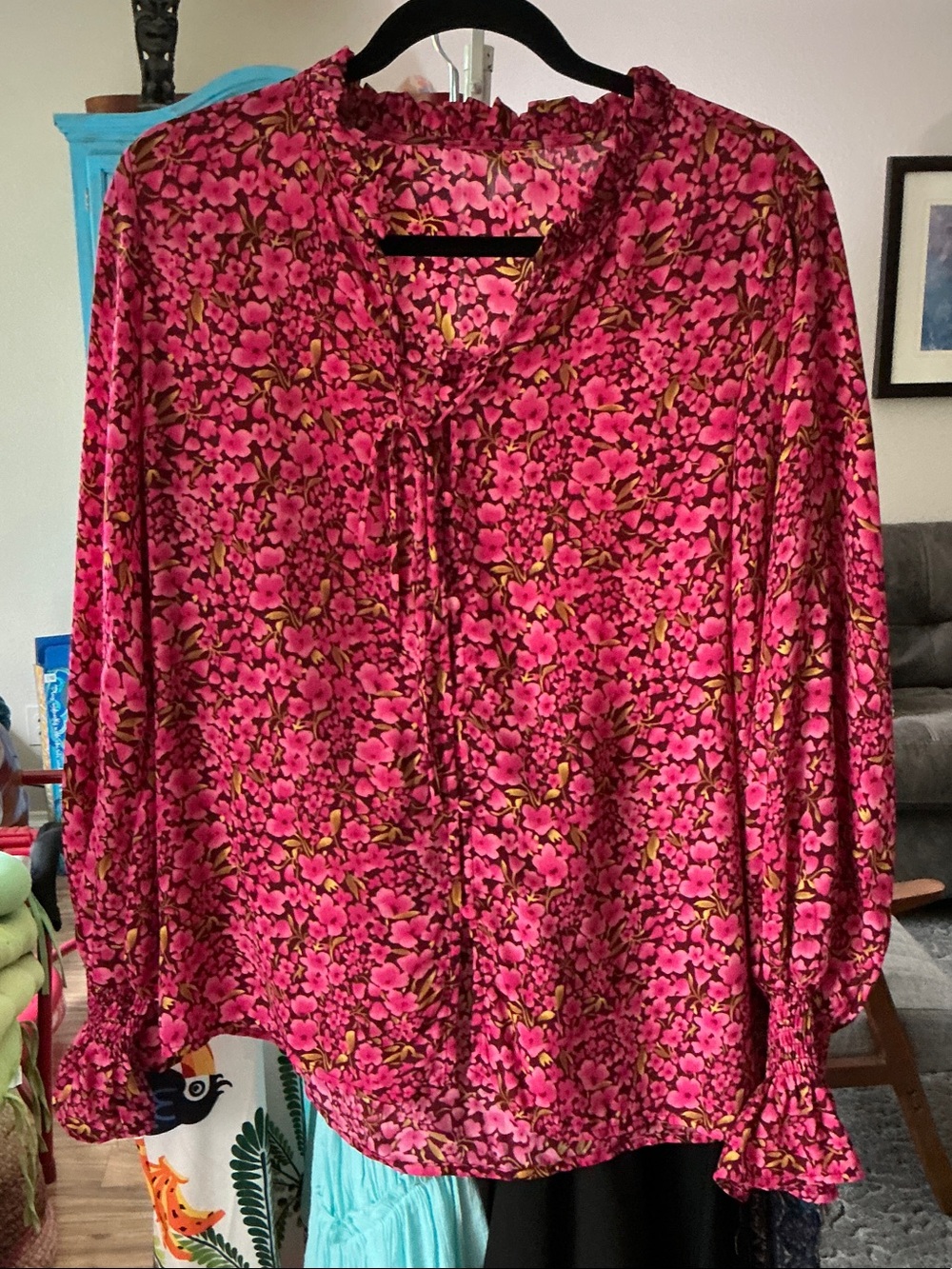 Women's Pink Floral Tie-Front Ruffle Blouse